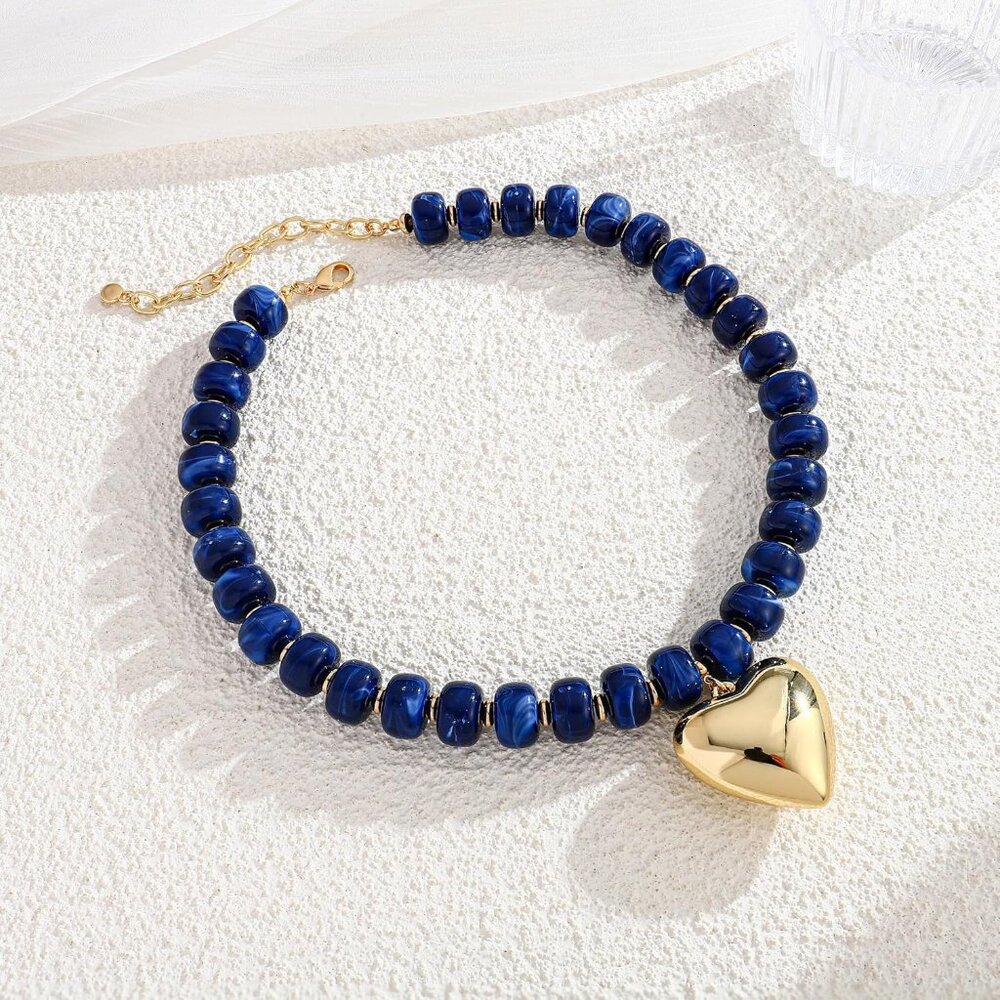 Colorful Chunky Beaded Necklace with Gold Puff Heart Pendant Statement Necklace - Picture 5 of 6